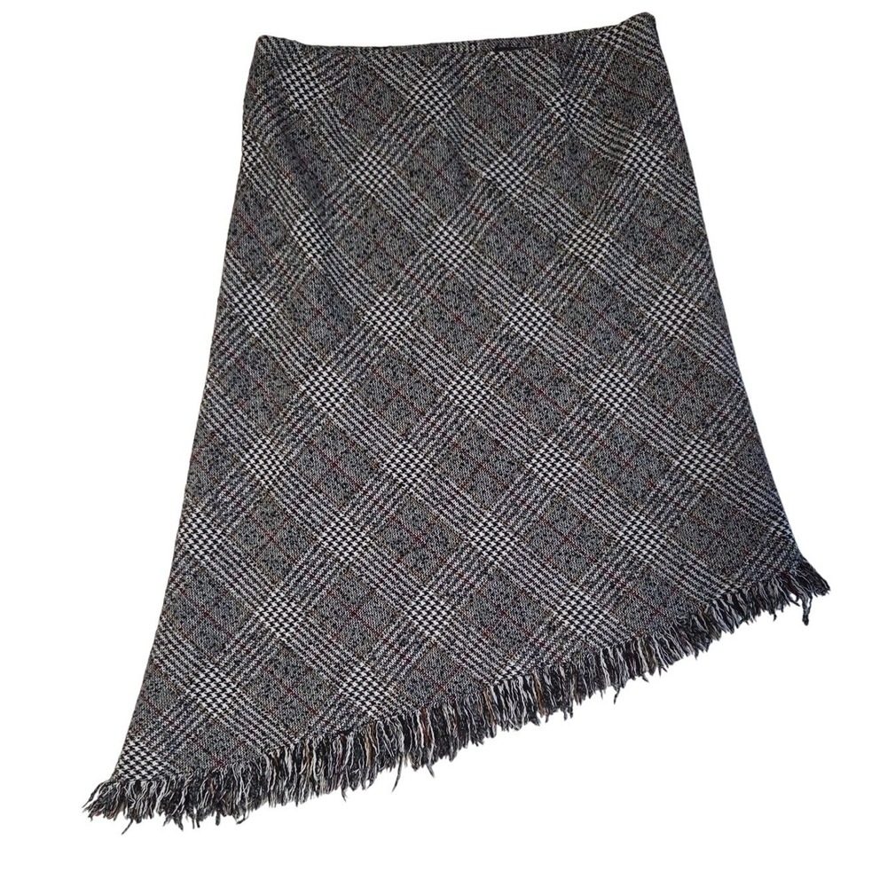 Womens Gray‎ Glen Plaid Asymmetrical Skirt Boho Fringe Dark Academia Size 8